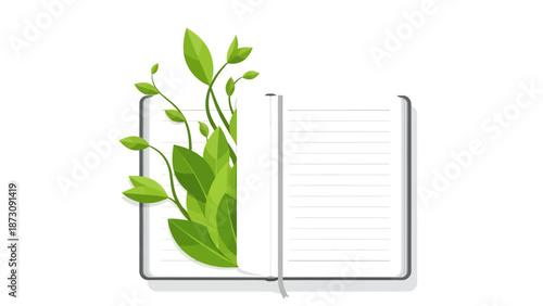 Open notebook with green leaves growing out of it symbolizing growth