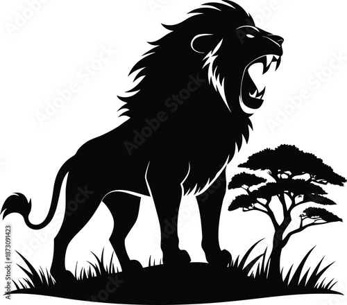 Majestic roaring lion silhouette with acacia tree in savanna Vector