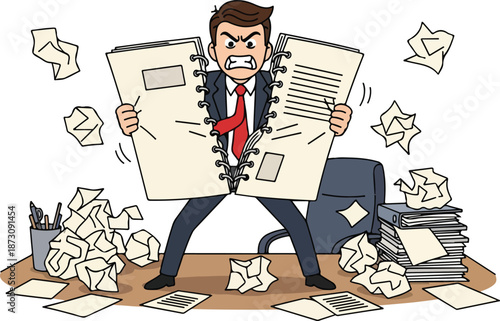 Angry businessman tearing apart documents in office.