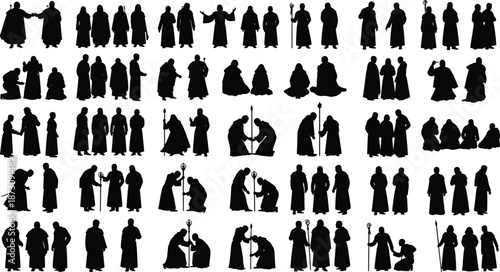 Collection of religious people silhouettes including monks and clergy in prayer, worship, teaching, and ritual poses isolated on white