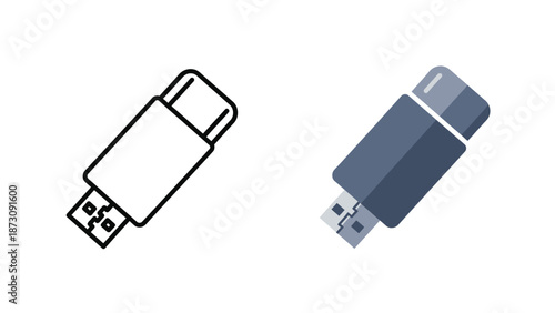 Collection of two distinct usb flash drive icons one line art and one flat design style representing digital storage and data transfer solutions