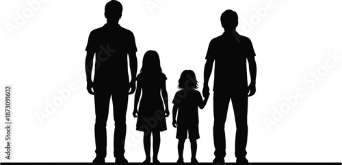 Silhouette of family with parents and children standing together, symbolizing love, unity, parenting, and togetherness isolated on white background