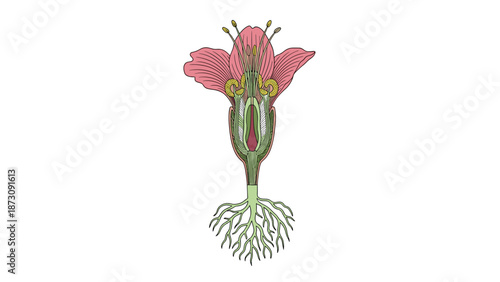 Detailed biological cross-section illustration of a pink flower showing its reproductive organs, internal structure, and root system below.