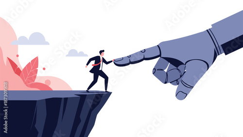 Tiny businessman on a high cliff edge being carefully guided or stopped by a giant robotic hand finger to represent safety and help.