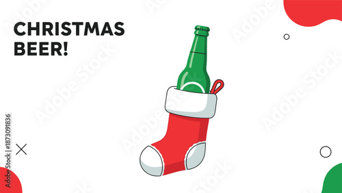 Green beer bottle tucked inside a red and white christmas stocking as a festive holiday gift against a white and red background.