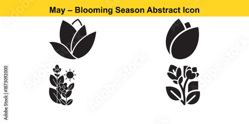 May Blooming Season Abstract Set Featuring Flowers and Sun Symbols on White Background