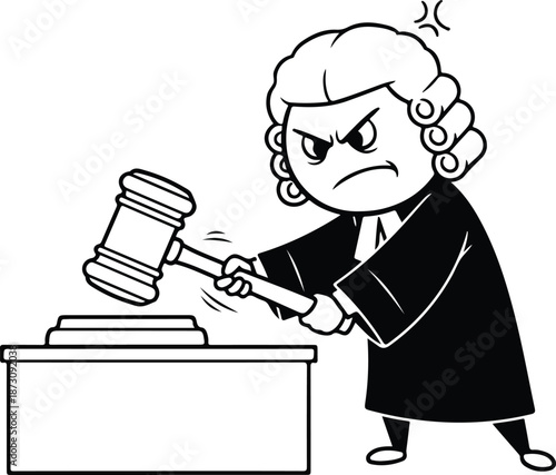 Angry Judge Cartoon Striking Gavel on Sound Block.