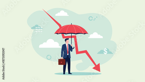 Professional businessman holding a red umbrella for protection against a falling economic market graph arrow in a crisis.