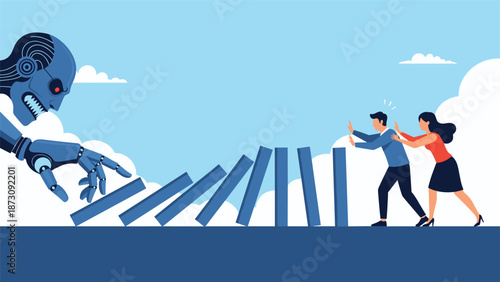 Giant blue robot hand pushing over dominoes while a man and woman work together to stop the falling tiles and prevent a crisis.