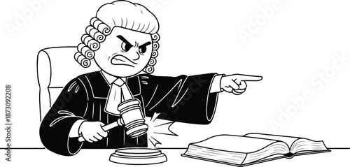 Angry Judge Cartoon with Gavel and Law Book.