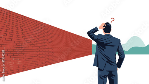 Confused businessman scratching his head while facing a massive red brick wall representing a difficult professional obstacle.