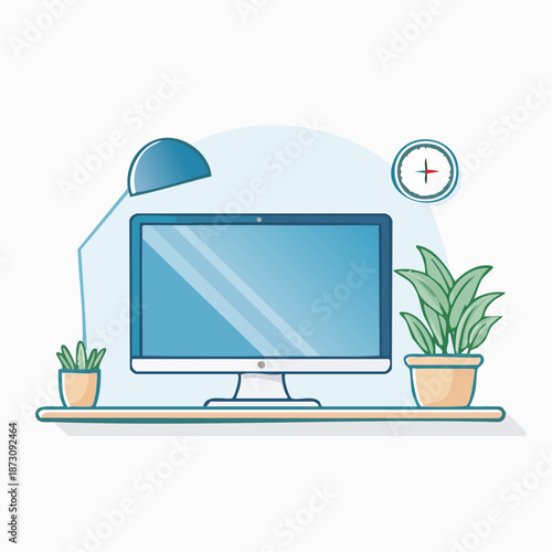 Clean Workspace With Computer Monitor Desk Lamp Potted Plants and Clock On Light Blue Background Minimalist Style Illustration