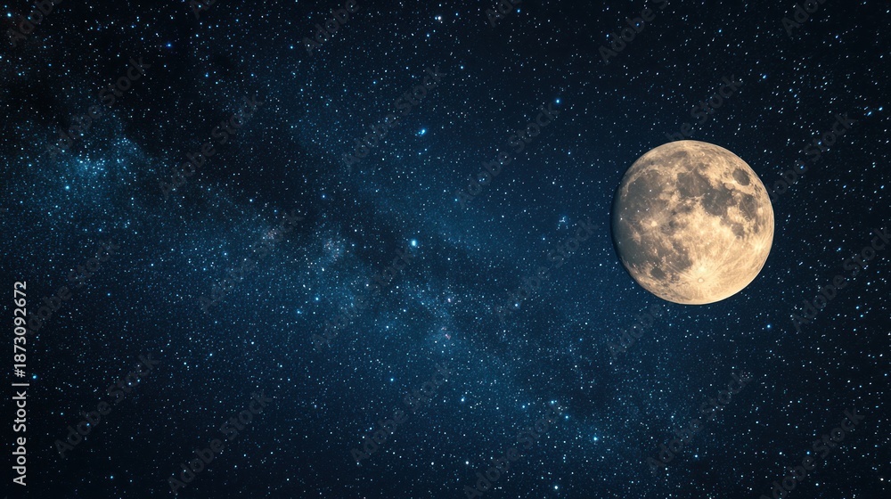Obraz premium A full moon in a starry night sky with a milky way galaxy in the background.