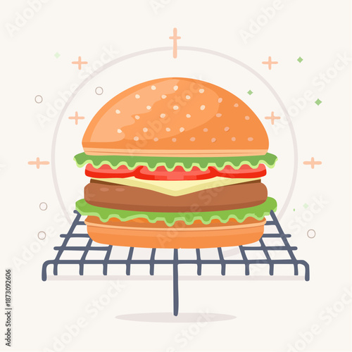 Delicious Burger with Sesame Seed Bun Lettuce Tomato Cheese and Beef Patty on a Cooling Rack with Soft Background Lighting