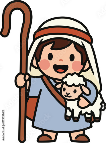 Cartoon shepherd boy with lamb sheep.