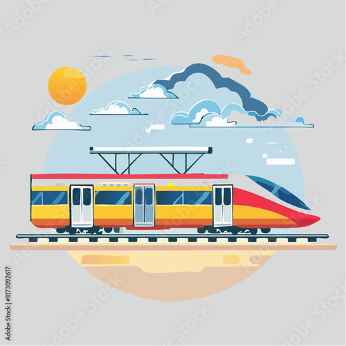 Modern Red Yellow High Speed Train Traveling Through a Sunny Landscape Under Clouds
