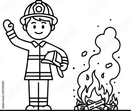 Cartoon Firefighter Waving Next to a Small Campfire.