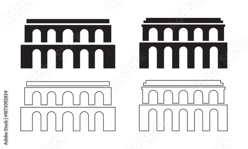 Roman Aqueduct and Arched Bridge Icons in Silhouette and Outline Styles for Historical Architecture and Engineering Design