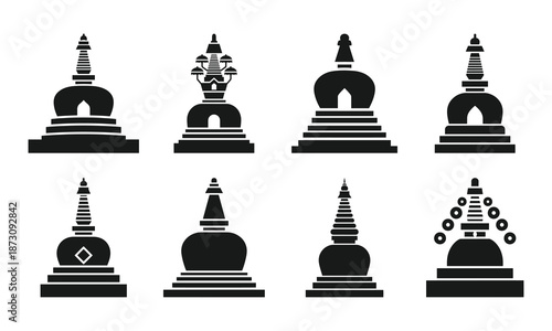 Set of Buddhist Stupa Icons and Chorten Silhouettes for Religious Design and Asian Heritage Architecture Projects
