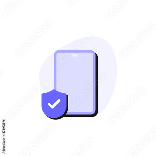 Secure mobile device icon with shield check mark - smartphone icon with a verified shield badge, representing mobile security, device or phone protection, verified access, privacy and data security.