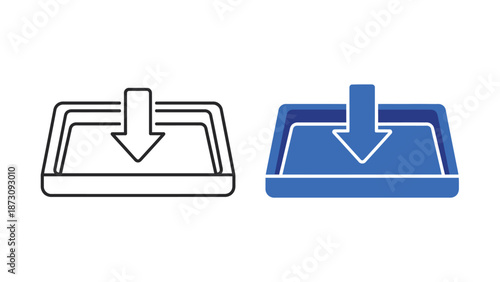 Collection of two distinct download icons one outline style and one filled blue graphic representing digital file transfer and data acquisition processes