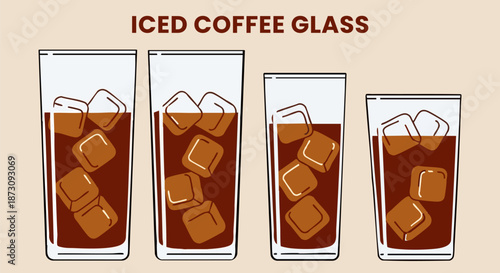 Four different sized iced coffee glasses filled with dark brown liquid and large ice cubes illustrated on white background