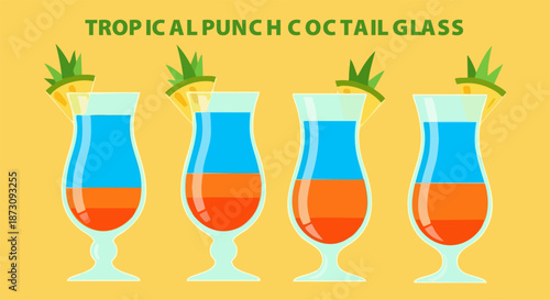 Four vibrant layered tropical punch cocktail glasses garnished with pineapple wedges ready for serving on white background