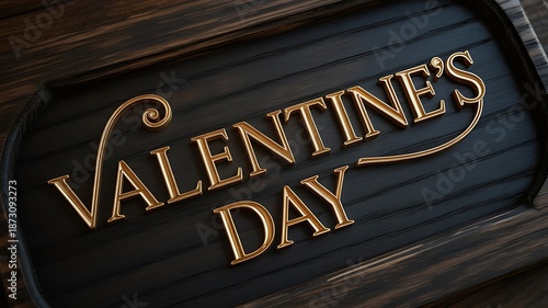 Valentines Day gold text on dark wooden background with elegant design
