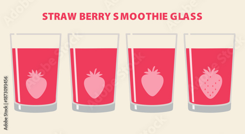 Four stylized illustrations depict increasing stages of strawberry smoothie blend density within tall drinking glasses on white background. on white background
