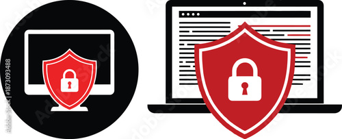 Cybersecurity flat icons: shield with lock on monitor & laptop