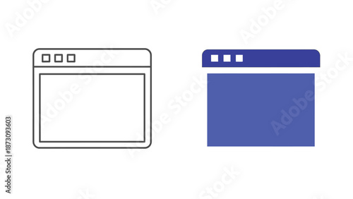 Two distinct styles of a simplified application window interface icon representing digital platforms contrasting outline and flat design elements side by side