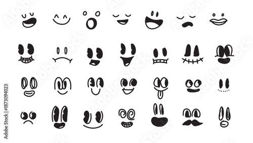 Cartoon Face Reactions. cartoon face expressions of emotions, funny and sad, surprised and scared, smiling and laughing. Vector illustration, simple doodle style, line art