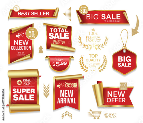 Price tags, red and gold ribbon banners. Sale promotion, website stickers, new offer badge collection isolated 