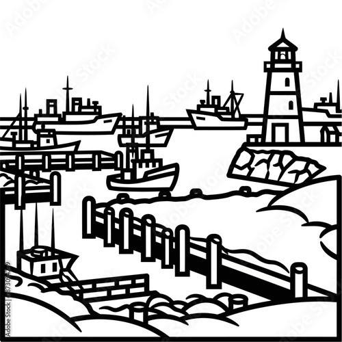 A black and white illustration of a lighthouse standing tall on a rocky coastline with a wooden pier and several boats docked in the harbor with seaside