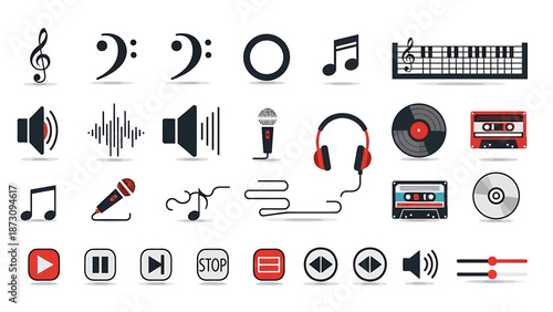 Comprehensive collection of modern music, sound, and audio player interface icons, perfect for web design, mobile applications, and graphic projects