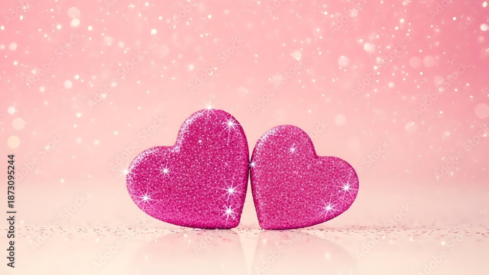 Obraz premium Two sparkling pink hearts symbolize love and affection against a magical bokeh background