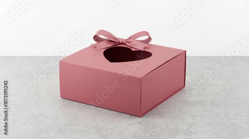 A red gift box with a ribbon on top sitting on a grey surface