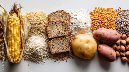 Diverse healthy carbohydrates including bread, corn, potatoes, flour, and nutritious nuts