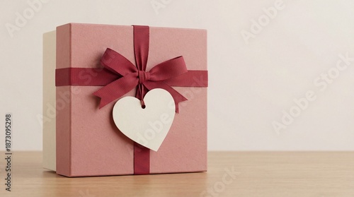 A beautifully wrapped pink gift box adorned with a red ribbon and white heart on a wooden table against a plain white background
