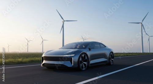 Sleek car on road, windmills in background