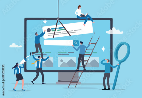 Teamwork develop website, building software or application project, team planning or website optimization, digital collaboration concept, business people team help build website on computer monitor.