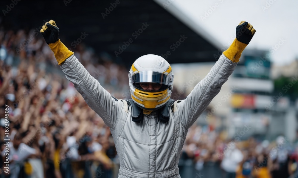 Obraz premium Triumphant racecar driver celebrating victory on track