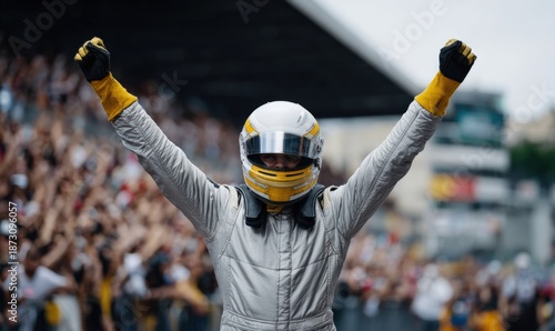 Triumphant racecar driver celebrating victory on track © Andrii Zastrozhnov