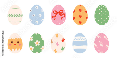 Bundle of traditional decorative Easter eggs with floral and heart patterns. Spring holiday elements. Flat vector illustration for religious holiday celebration.