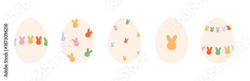 Cute Easter eggs decorated with bunny shapes and playful spring patterns. Flat vector illustrations for Easter holiday design, kids products, greeting cards  isolated on white background.