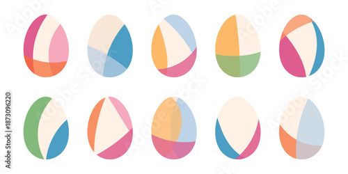 Set of abstract Easter eggs with geometric shapes and colorful segments. Flat vector illustration for religious holiday celebration.