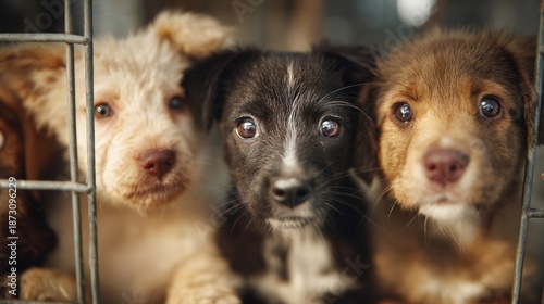 Adorable puppies in animal shelter. Playful creatures bring joy and warmth. Heartwarming scene promotes pet adoption and compassion. Ideal for animal rescue campaigns.