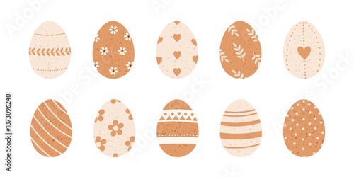 Set of decorated Easter eggs isolated on white background. Collection of Paschal symbols covered with various ornaments. Flat vector illustration for religious holiday celebration.