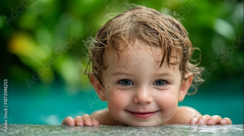 Joyful child portrait in swimming pool. Bright summer day brings fun and happiness. Playful mood captured in vibrant colors. Perfect for family and lifestyle themes.