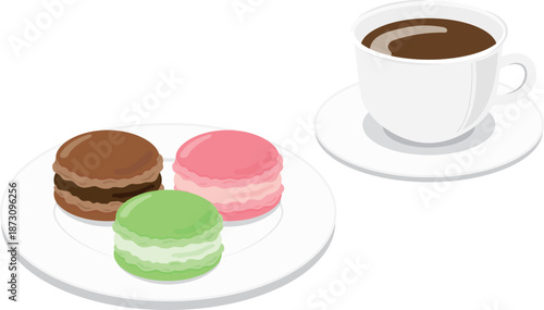 お皿に並んだマカロンとコーヒーのティータイムセット